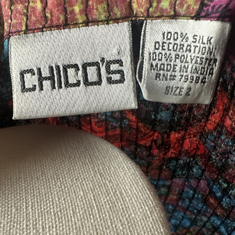 Chicos 100% Silk Jacket Paisley Boho Colorful Open Front Artsy Womens L Size 2 - Picture 5 of 10
